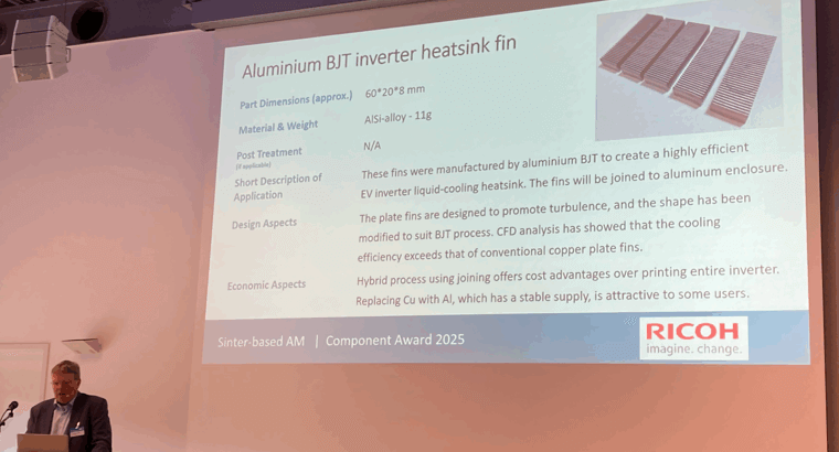Ricoh's Aluminium BJT inverter heatsink fin case study being presented at the SBAM workshop, 2025.